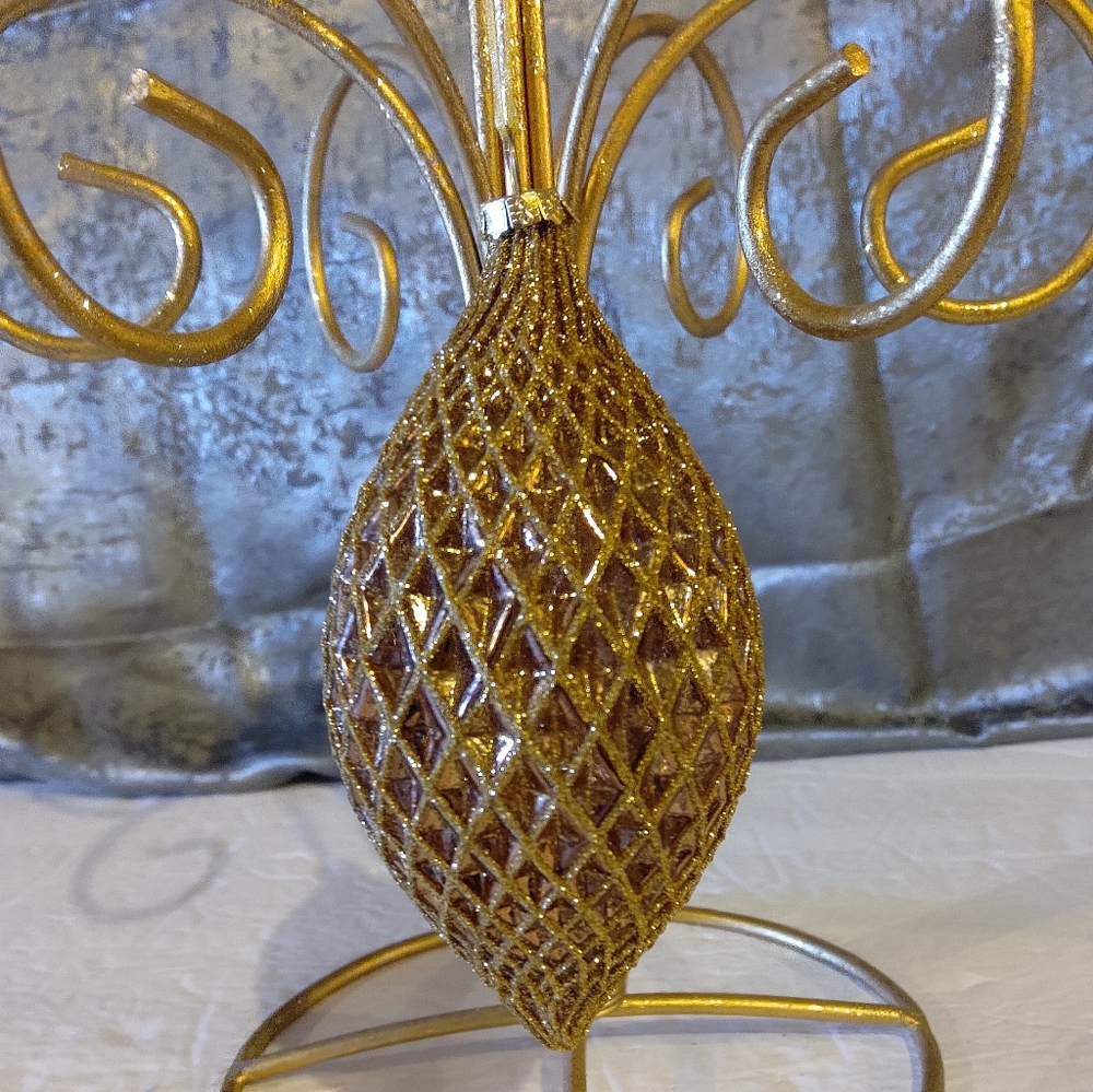 Vintage Hand Blown Glass Embossed Teardrop Iridescent Gold Ornament   Glitter